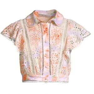 Alice + Olivia Orange Purple Floral Eyelet Lace Crop Button Up Top Shirt